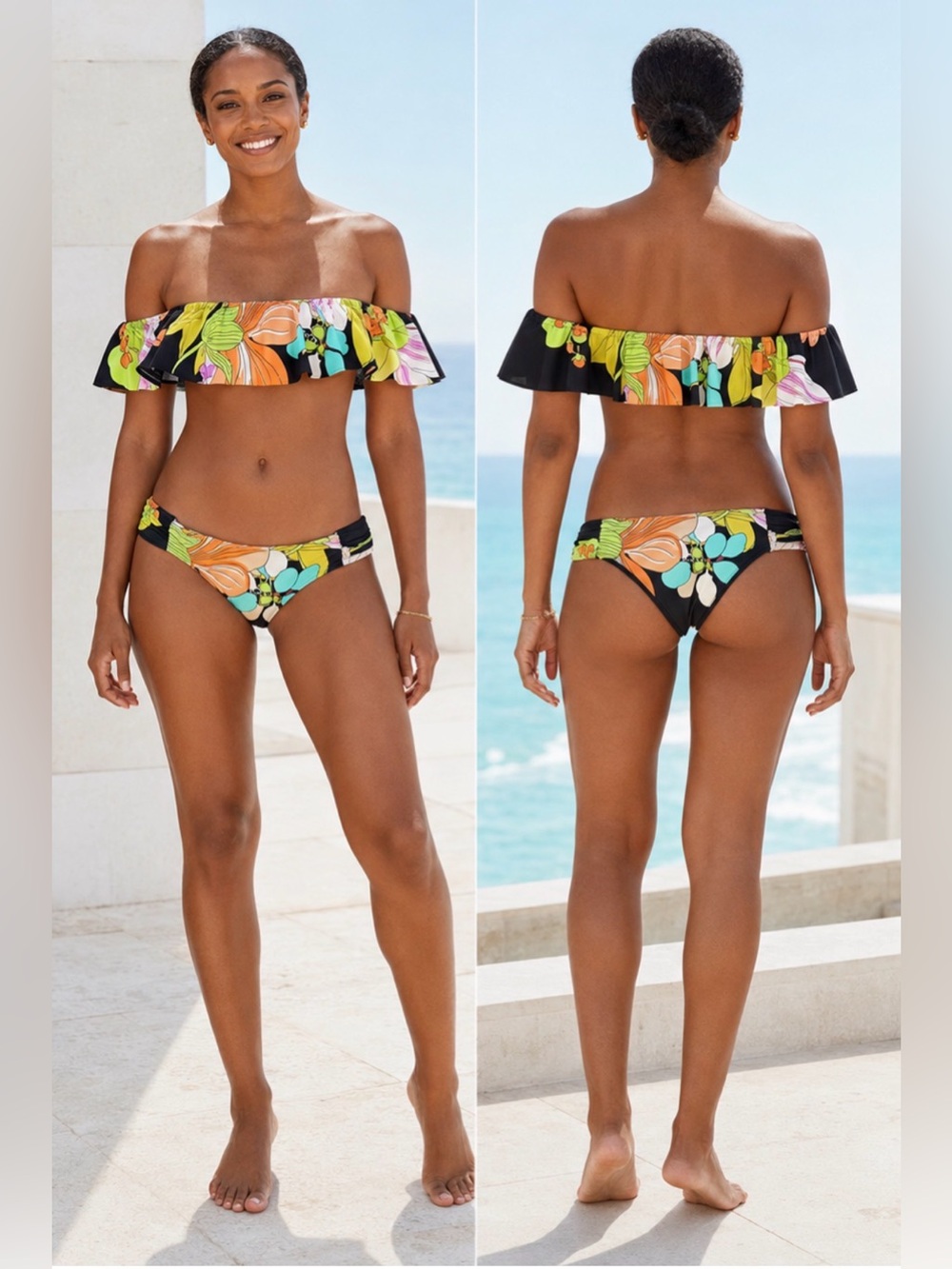 Trina Turk Black Off-Shoulder Floral Ruffle Bikini with Bright Multi-Color Print